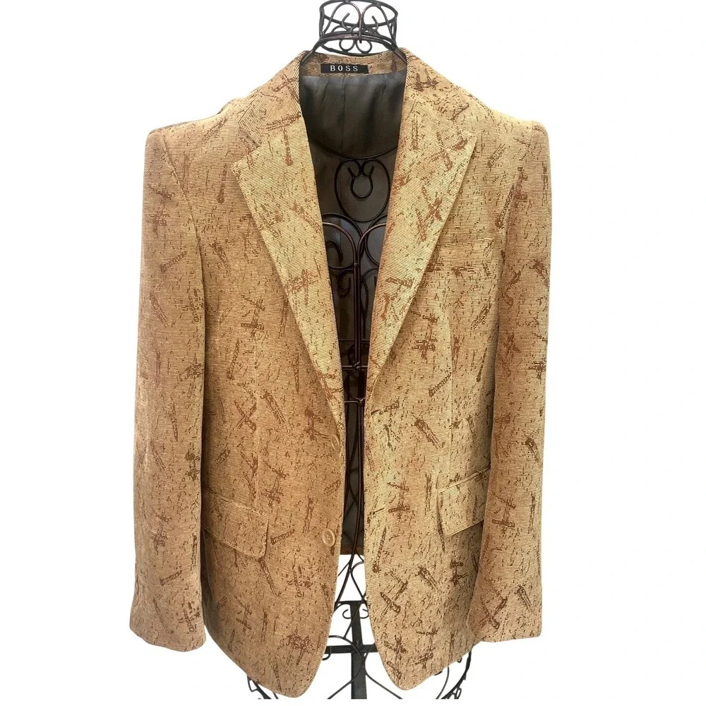 HUGO BOSS Mens Single Breasted Blazer Textured Tan Pattern Brown Jacket‎ 40R